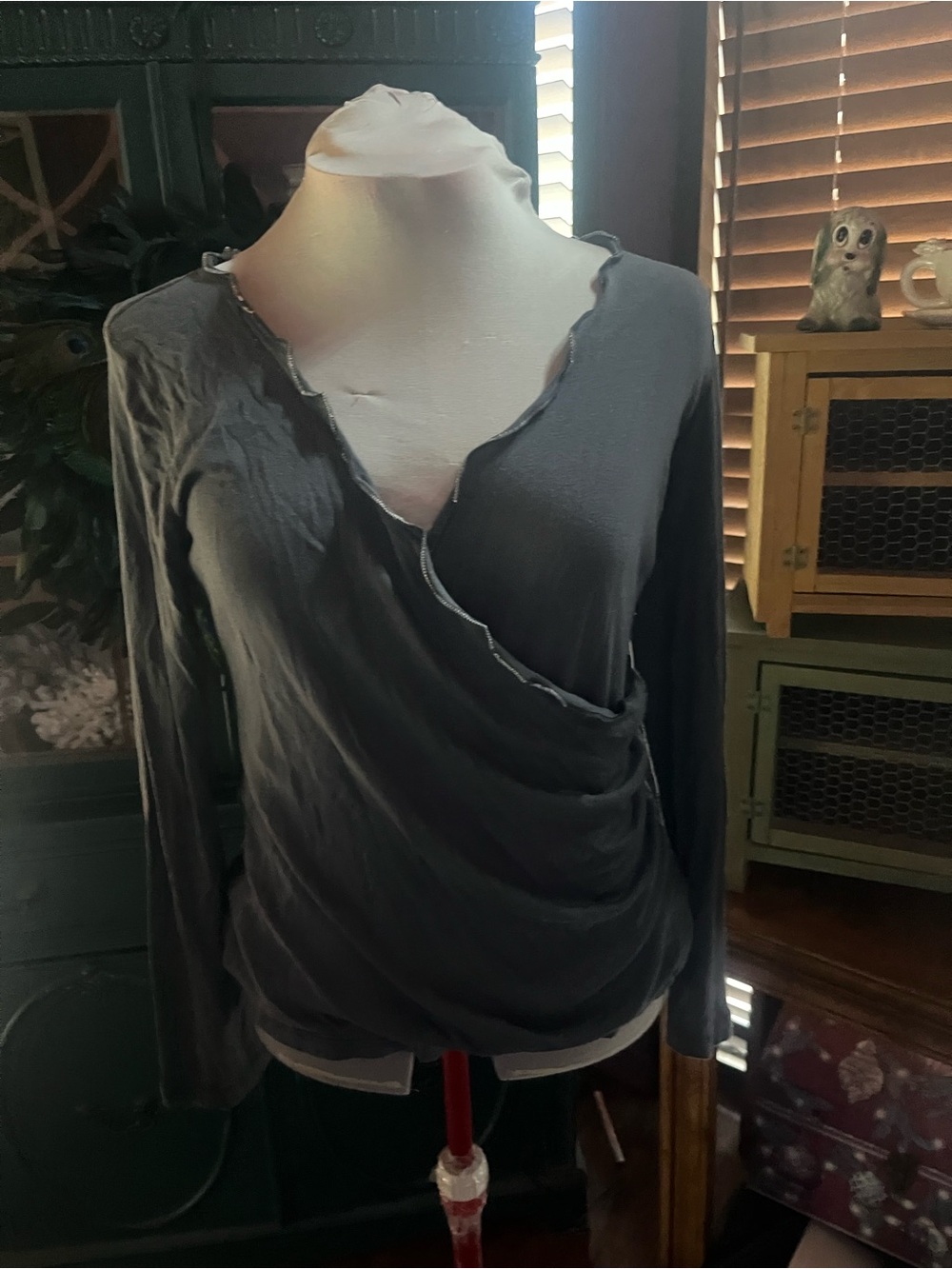 Three Dot XL Women’s Long-Sleeve Wrap Top in Charcoal Gray/Slate Blue